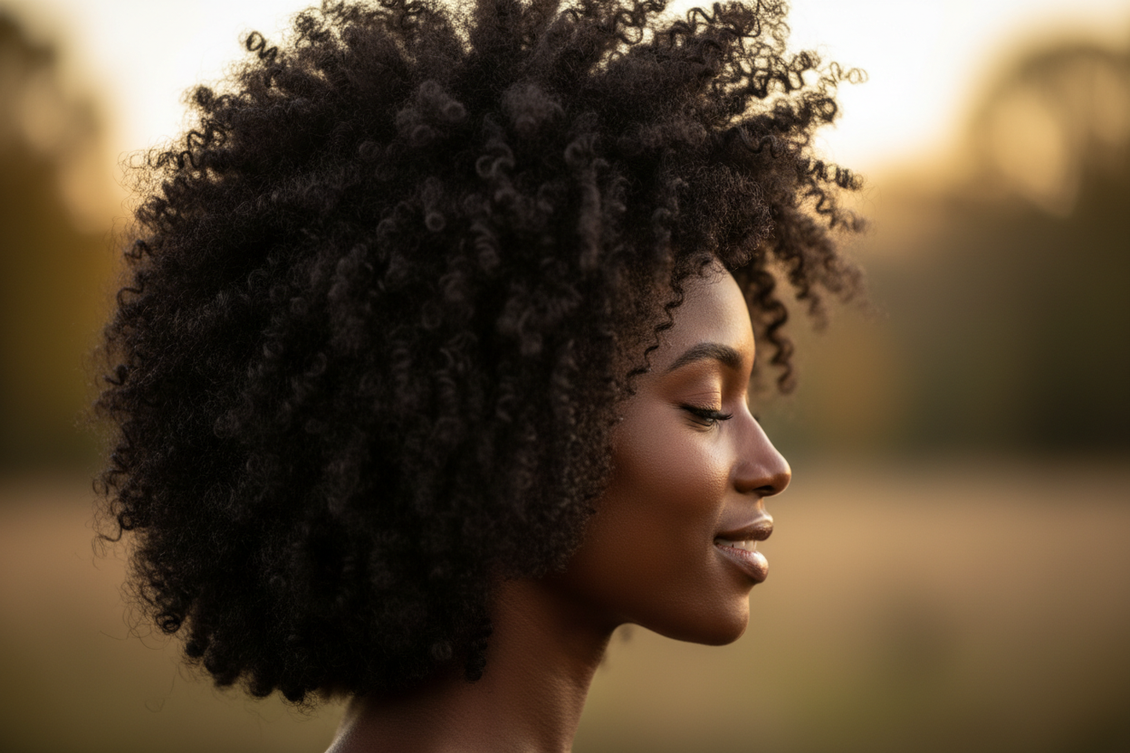 beutiful black girl with kinky black hair right side view