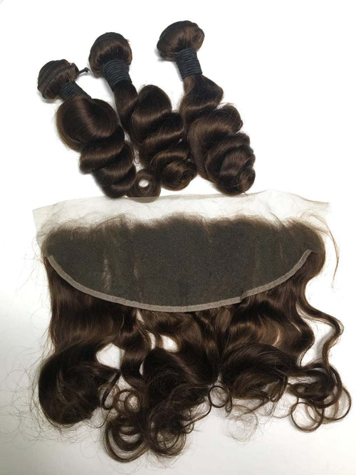 3 Bundles Metal Brown Tight Loose Wave & A Frontal